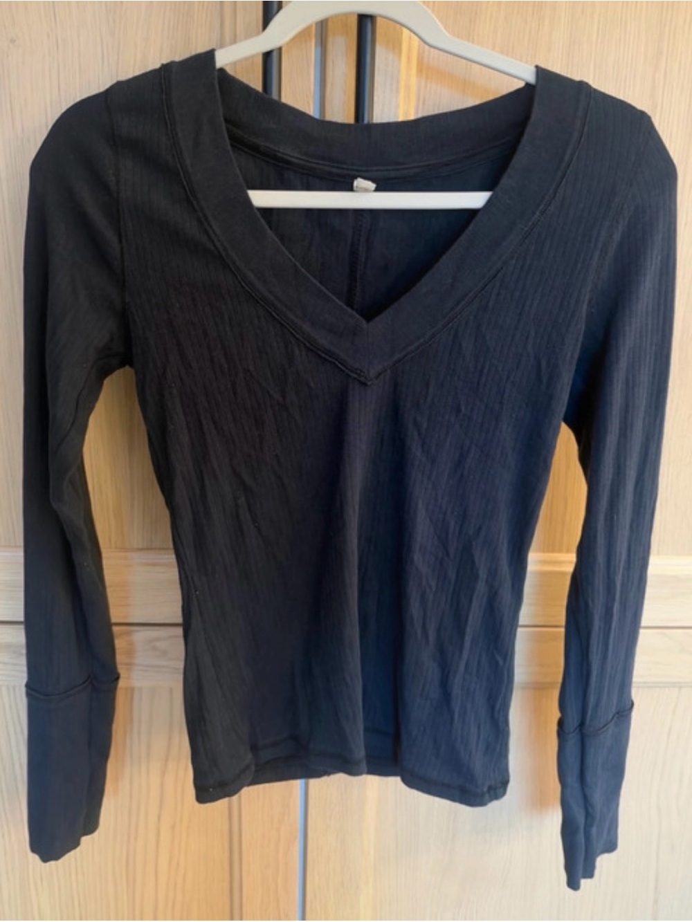 Free People Billie Layering Top Black Ribbed V Neck Long Sleeve Size L